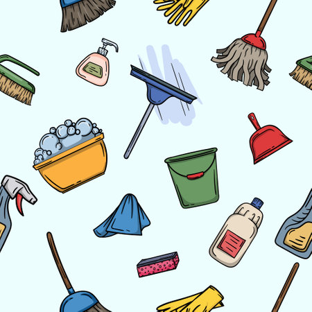 Seamless color pattern with cleaning items. Bright color illustration for gift paper, background and banner.のイラスト素材
