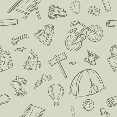 Seamless black and white pattern with hiking and camping items. Editable illustration for gift paper and backgroundのイラスト素材