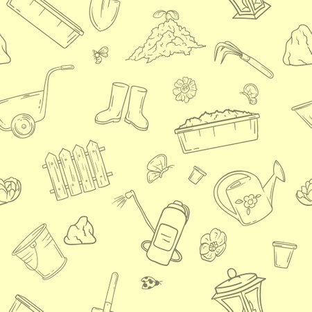 Seamless black and white pattern with gardening tools. Editable illustration for gift paper, background and bannerのイラスト素材
