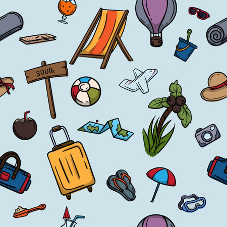 Seamless color pattern with tourism and travel items. Bright color illustration for gift paper, background and bannerのイラスト素材