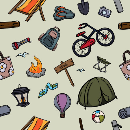 Seamless color pattern with hiking and camping items. Bright color illustration for gift paper, background and bannerのイラスト素材