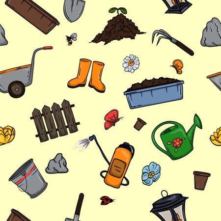 Seamless color pattern with gardening tools. Bright color illustration for gift paper, background and bannerのイラスト素材
