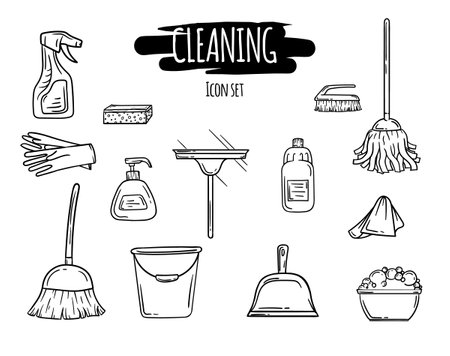 Cleaning icons set. Black and white vector editable illustration of cleaning supplies, tools and itemsのイラスト素材