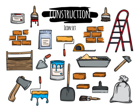 Bright set of icons of construction, repair, materials and tools. Editable vector illustration illustrationのイラスト素材