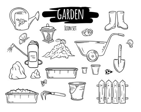 Black and white vector illustration of items for the garden and vegetable garden. Set of icons of tools and plants,のイラスト素材