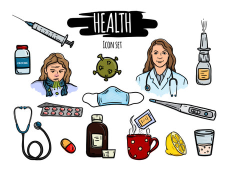 Set of vector editable icons of health, covid, vaccination and disease prevention. Bright color illustration hand drawnのイラスト素材
