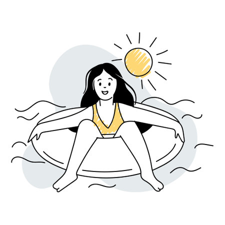 A girl swims in the sea on an inflatable ring. Summer editable vector in hand drawn style, doodle.のイラスト素材