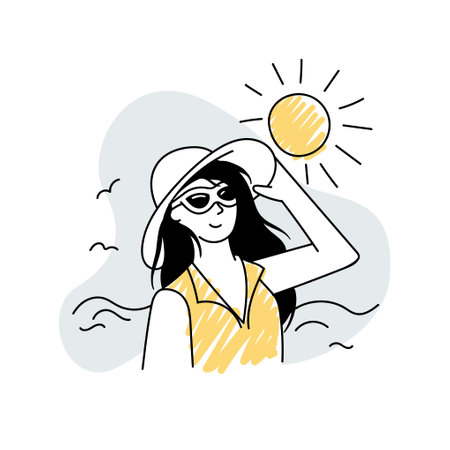A girl in a hat and sunglasses walks along the beach. Summer editable vector in hand drawn style, doodleのイラスト素材