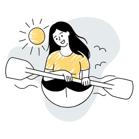 A girl floats in a kayak on the river. Summer editable vector in hand drawn style, doodleのイラスト素材