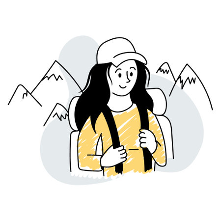 A girl with a backpack goes hiking in the mountains. Summer editable vector in hand drawn style, doodleのイラスト素材