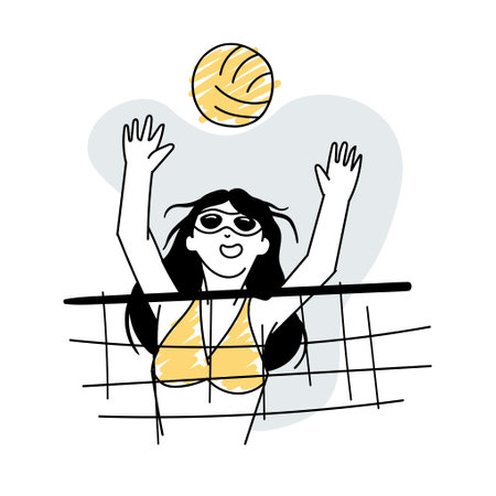 A girl plays beach volleyball. Summer editable vector in hand drawn style, doodleのイラスト素材