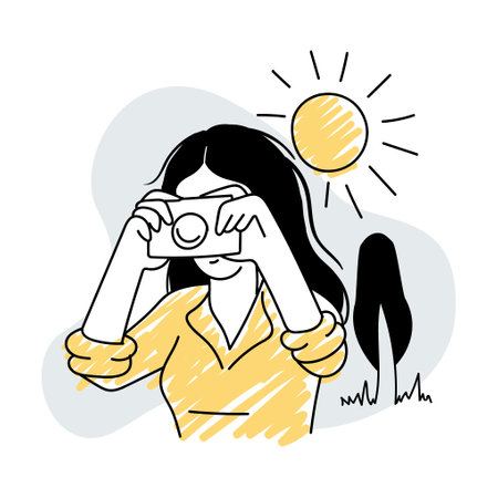 A girl tourist with a camera photographs the sights. Summer editable vector in hand drawn style, doodleのイラスト素材