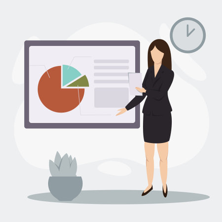 A young business lady will report on work, finances and income. Vector flat illustration of business conceptのイラスト素材