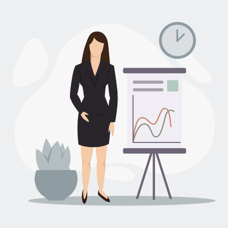 A young business lady is holding a conference about finance and profit. Flat vector illustration of business conceptのイラスト素材