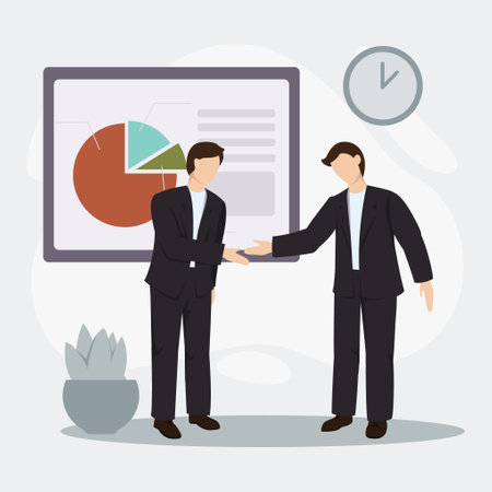 Two young businessmen make a deal in front of income charts. Vector flat illustration of business conceptのイラスト素材