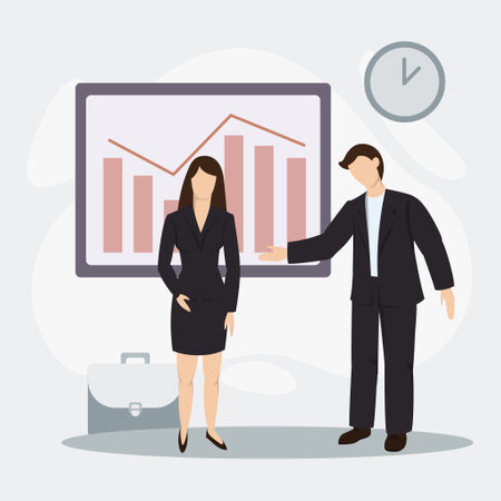 The boss introduces a new employee, a finance specialist. Vector flat illustration of business conceptのイラスト素材
