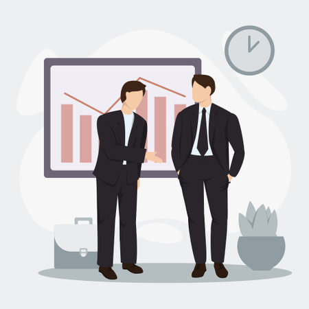 Two businessmen discussing finance, market and stock exchange. Vector flat illustration of business concept.のイラスト素材