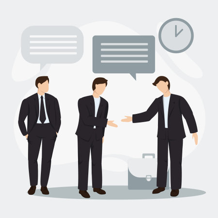 A young businessman watches two people make a deal and shake hands. Vector flat illustration of business conceptのイラスト素材