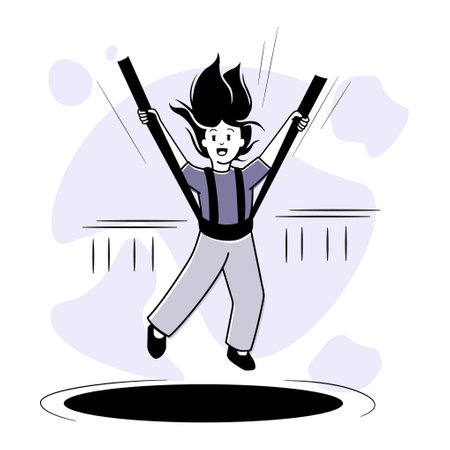 Cheerful girl jumping on a trampoline in an amusement park. Family leisure and entertainment vector illustrationのイラスト素材