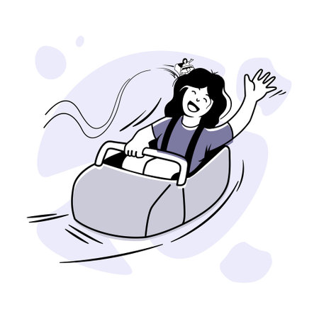 A cheerful girl rides a roller coaster in an amusement park. Family leisure and entertainment vector illustrationのイラスト素材