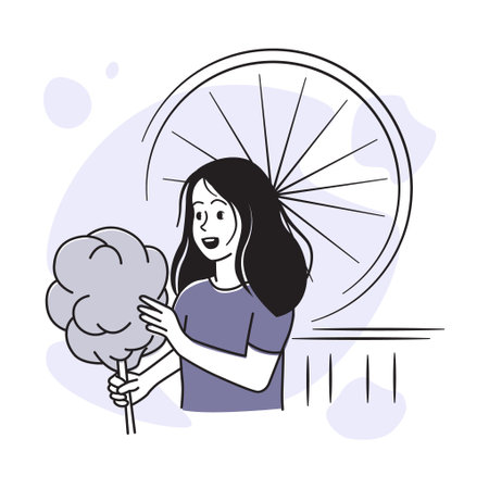 Cheerful girl eats cotton candy in an amusement park. Vector illustration of family leisure and childrens entertainmentのイラスト素材