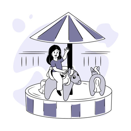 A cheerful girl rides on a childrens carousel in an amusement park. Family leisure and entertainment vector illustrationのイラスト素材
