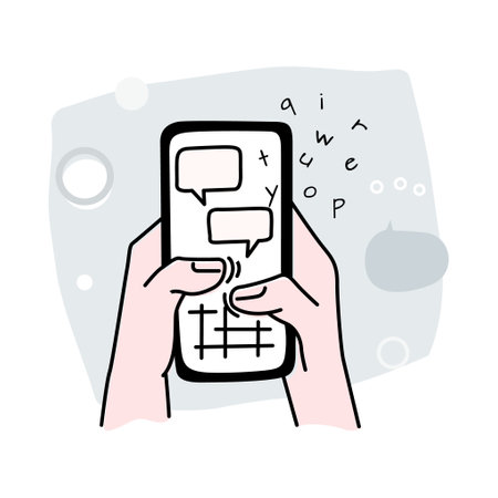 A man holds a phone in his hands and types a message. Vector illustration of digital technology and communicationのイラスト素材