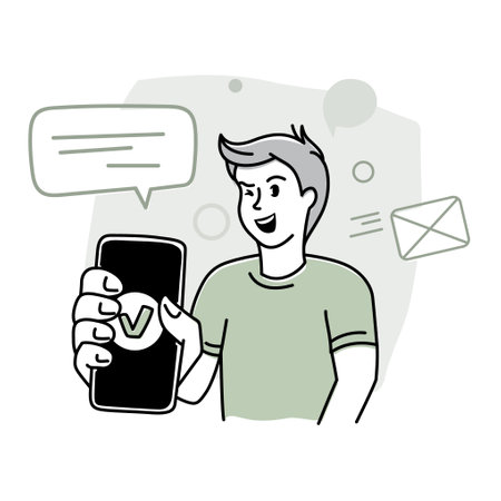 The Young man shows the screen of his mobile phone with a successfully completed operation. Digital technology conceptのイラスト素材