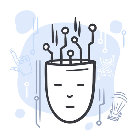 Human robot head with digital information flow. Concept of artificial intelligence, innovation and computer technologyのイラスト素材