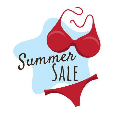 Summer Sale. Simple vector illustration of a red swimsuit and promotional offer. Image for banner, poster, advertisement, offerのイラスト素材