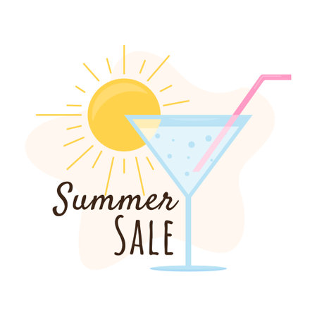 Summer Sale. Simple vector illustration with cocktail and sun. Editable image for promotion, sticker, banner, posterのイラスト素材