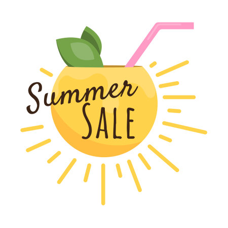 Summer Sale. Simple vector illustration of summer holiday with sun and cocktail. Image for sticker, banner, advertising, promotion, posterのイラスト素材