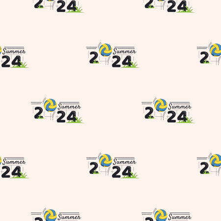 Vector seamless pattern with volleyball ball and net. Summer 2024. Endless background for banners and posters of sports competitions and championshipsのイラスト素材