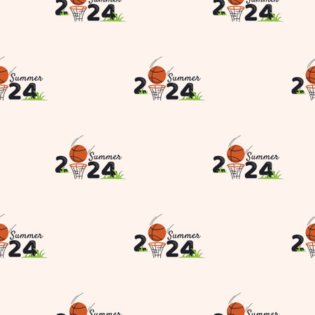 Vector seamless pattern with basketball ball and basket. Summer 2024. Endless background for banners and posters of sports competitions and championshipsのイラスト素材