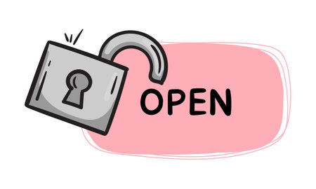 Open. Simple vector sticker with open padlock and text. Editable hand drawn element for decoration, design, banner, website and printのイラスト素材