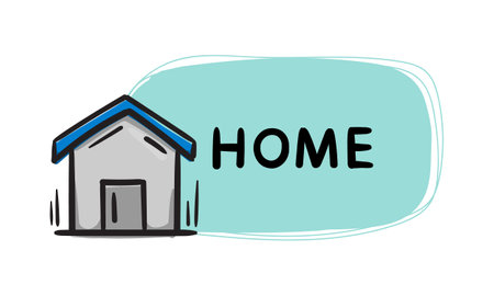 Home. Simple vector sticker with house sign and text. Editable hand drawn element for decoration, design, banner, website and printのイラスト素材