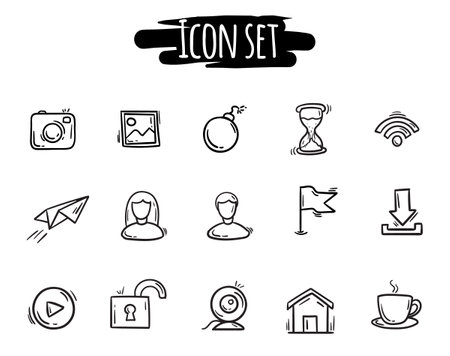 Vector set of simple hand drawn social icons. Signs and symbols for social media, website, application, design. Simple editable black and white elementsのイラスト素材