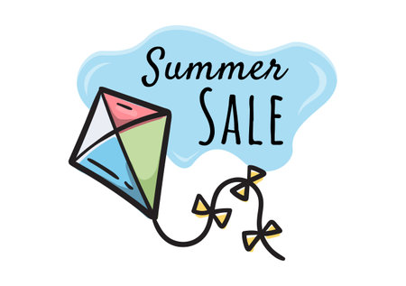 Summer Sale. Bright vector drawing of a flying kite. Simple illustration for the design of a promotion, discount, advertising, announcement, bannerのイラスト素材