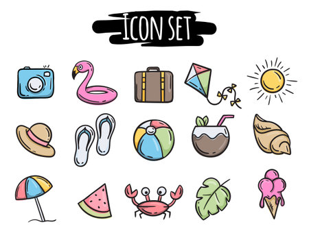 Simple vector set of icons related to summer rest, sea, vacation and holidays. Hand drawn signs and symbols for design, banner, website, app.のイラスト素材