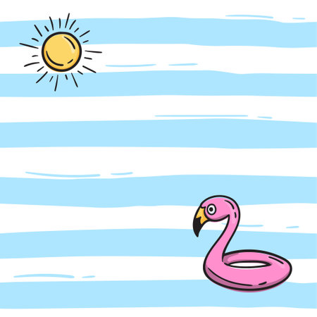 Simple seamless pattern with blue stripes, flamingo swimming ring and sun. Bright vector background for banner, wrapping paper, print, fabric.のイラスト素材