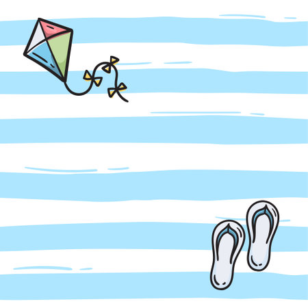Simple seamless pattern with blue stripes, flip flops and kite. Bright vector background for banner, wrapping paper, print, fabric.のイラスト素材
