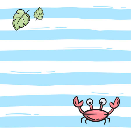 Simple seamless pattern with blue stripes, crab and leaves. Bright vector background for banner, wrapping paper, print, fabric.のイラスト素材