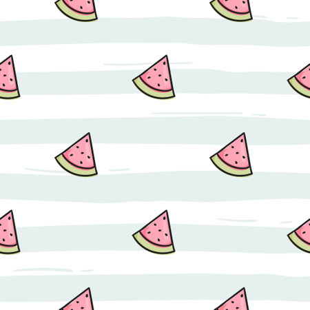 Simple seamless pattern with green stripes and watermelon slice. Bright vector background with repeating elements and icons. Childrens design for gift paperのイラスト素材