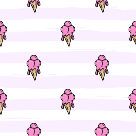 Simple seamless pattern with pink stripes and melting ice cream in a waffle cup. Bright vector background for banner, wrapping paper, print, fabric.のイラスト素材