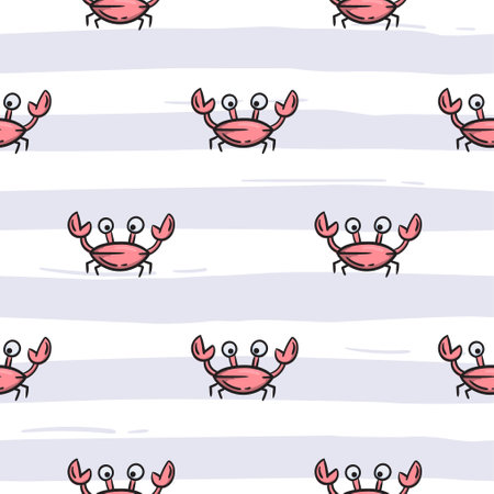 Simple seamless pattern with gray stripes and a funny crab. Bright vector background for banner, wrapping paper, print, fabric.のイラスト素材