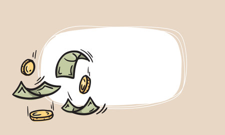 Flying money and coins icon. Simple vector background with place for text for sticker, price tag, label. Hand drawn illustration. Business, finance, sales and shares concept.のイラスト素材