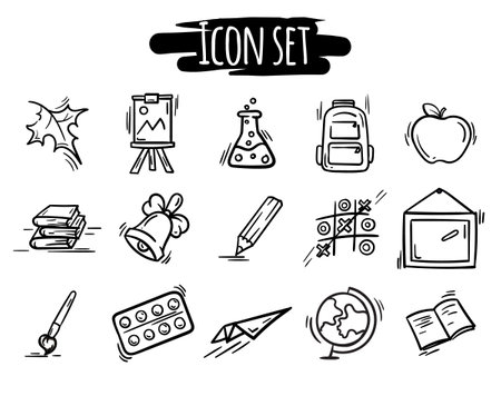 Vector set of simple black and white icons related to autumn, school, learning. Signs and symbols drawn by hand. Pictograms for decoration, design, website, applicationのイラスト素材