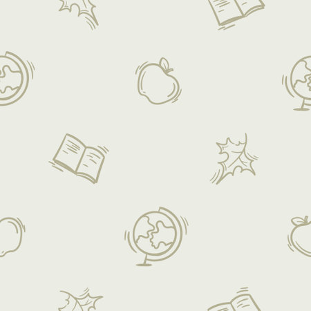Light seamless pattern with attributes of school, learning, autumn and childhood. Simple vector illustration with repeat school icons of apple, autumn leaf, notebook and globeのイラスト素材