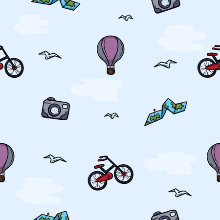 Bright seamless pattern for wrapping paper with a balloon, map, bicycle and camera. Simple vector background with repeating elements. Illustration related to vacation, travel, sea and toursのイラスト素材