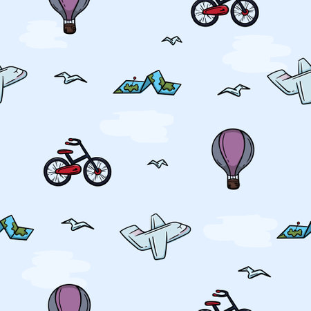 Bright seamless pattern for wrapping paper with balloon, airplane, bicycle and map. Simple vector background with repeating elements. Illustration related to vacation, travel, sea and toursのイラスト素材